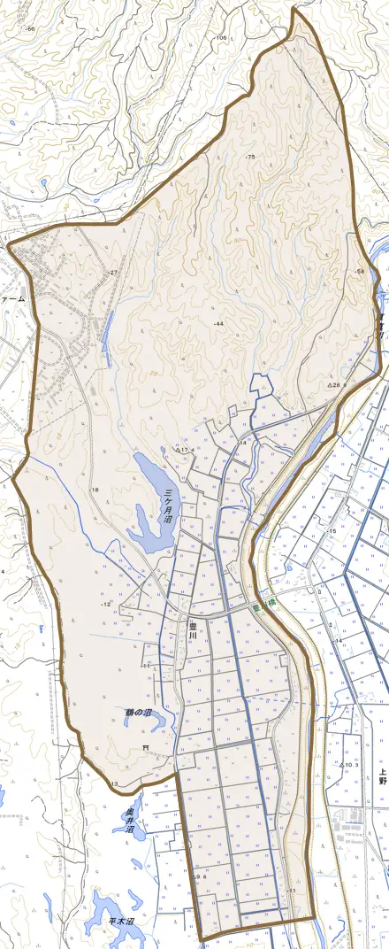 字豊川とその周辺の地図。町の範囲を重ねている