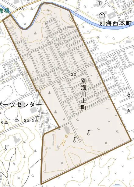 別海川上町とその周辺の地図。町の範囲を重ねている
