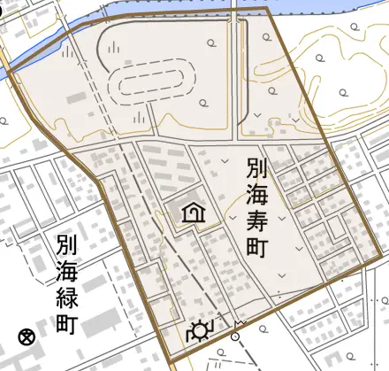 別海寿町とその周辺の地図。町の範囲を重ねている