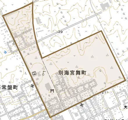 別海宮舞町とその周辺の地図。町の範囲を重ねている