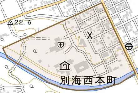 別海西本町とその周辺の地図。町の範囲を重ねている