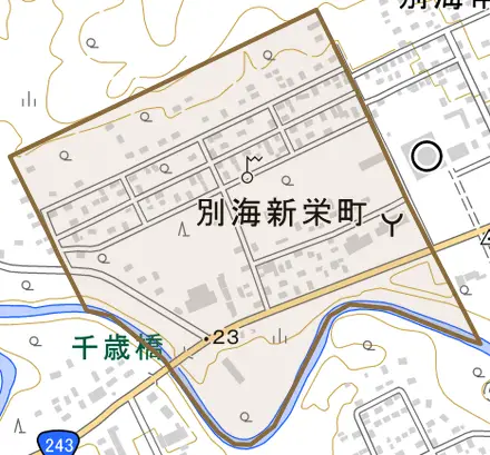 別海新栄町とその周辺の地図。町の範囲を重ねている