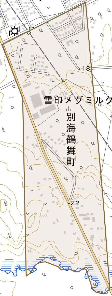 別海鶴舞町とその周辺の地図。町の範囲を重ねている