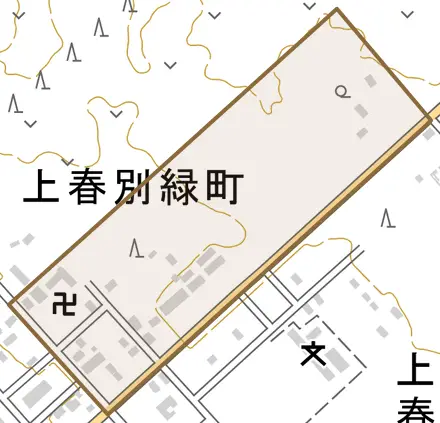 上春別緑町とその周辺の地図。町の範囲を重ねている