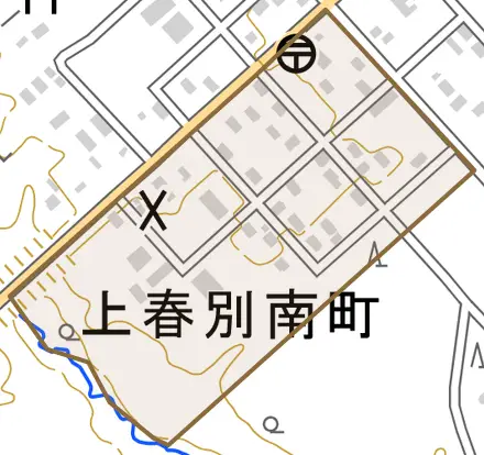 上春別南町とその周辺の地図。町の範囲を重ねている