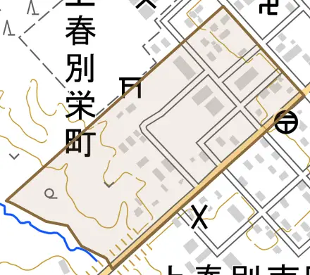 上春別栄町とその周辺の地図。町の範囲を重ねている