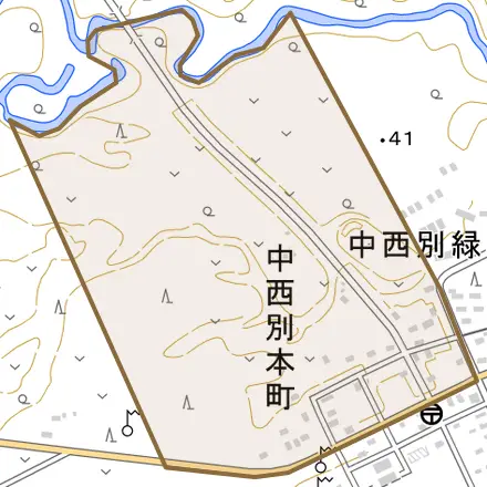 中西別本町とその周辺の地図。町の範囲を重ねている