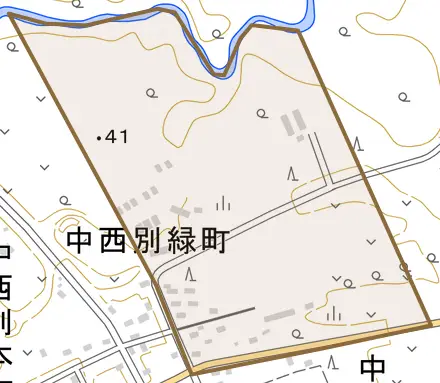 中西別緑町とその周辺の地図。町の範囲を重ねている