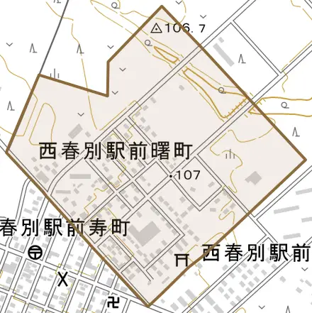 西春別駅前曙町とその周辺の地図。町の範囲を重ねている