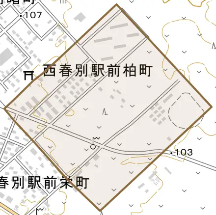 西春別駅前柏町とその周辺の地図。町の範囲を重ねている