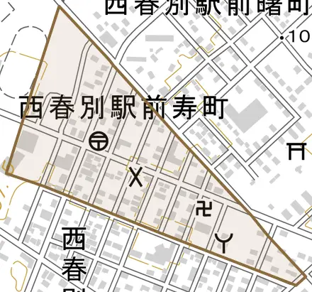 西春別駅前寿町とその周辺の地図。町の範囲を重ねている