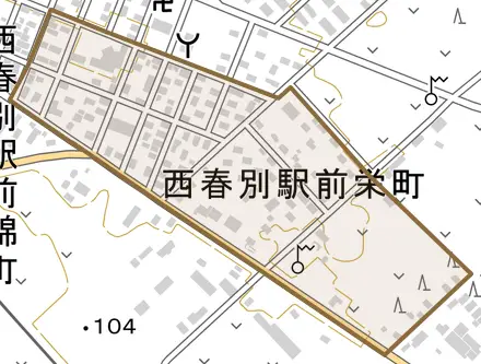 西春別駅前栄町とその周辺の地図。町の範囲を重ねている