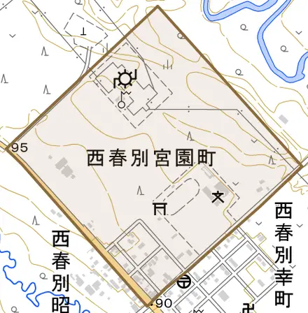 西春別宮園町とその周辺の地図。町の範囲を重ねている
