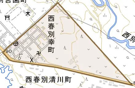 西春別幸町とその周辺の地図。町の範囲を重ねている