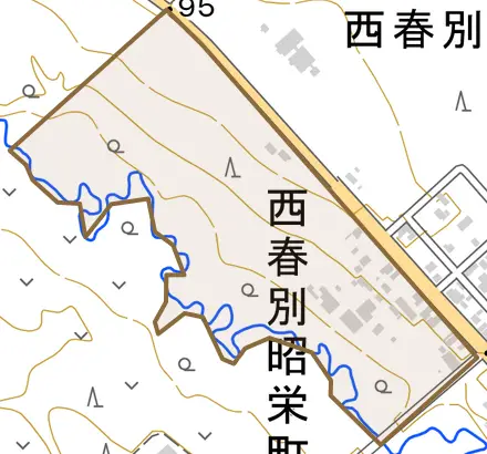 西春別昭栄町とその周辺の地図。町の範囲を重ねている