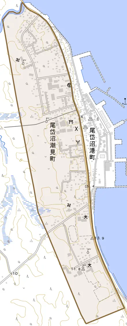 尾岱沼潮見町とその周辺の地図。町の範囲を重ねている
