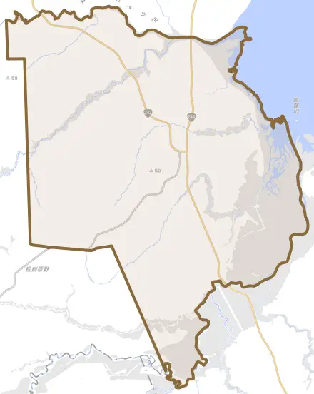 奥行とその周辺の地図。町の範囲を重ねている