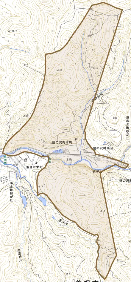 盤の沢町本町とその周辺の地図。町の範囲を重ねている