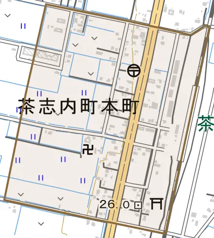 茶志内町本町とその周辺の地図。町の範囲を重ねている