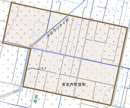 茶志内町協和とその周辺の地図。町の範囲を重ねている