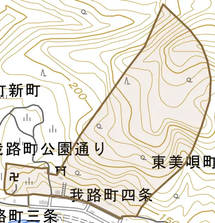 我路町四条とその周辺の地図。町の範囲を重ねている