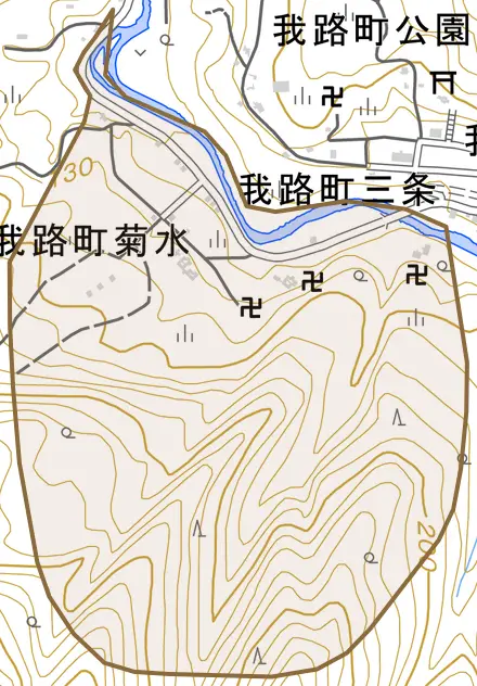 我路町菊水とその周辺の地図。町の範囲を重ねている