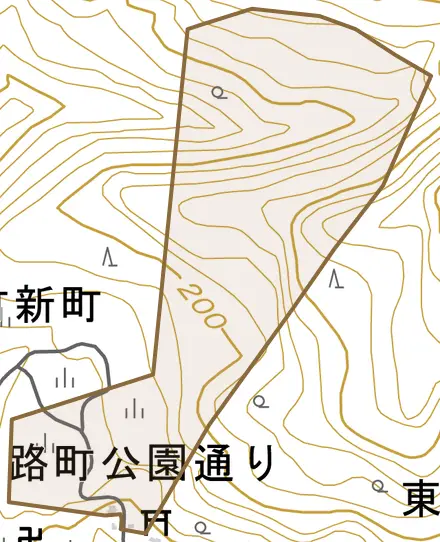 我路町公園通りとその周辺の地図。町の範囲を重ねている