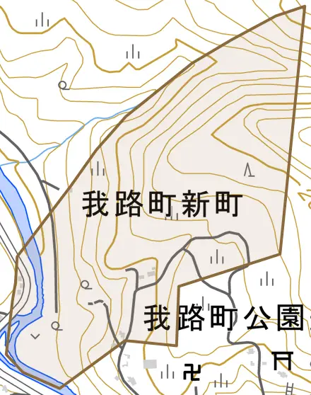 我路町新町とその周辺の地図。町の範囲を重ねている