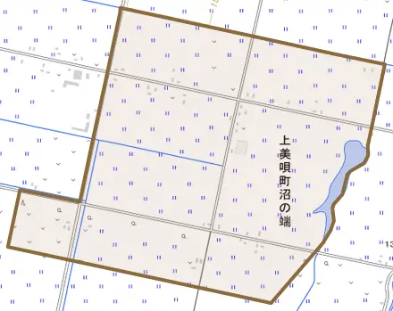 上美唄町沼の端とその周辺の地図。町の範囲を重ねている