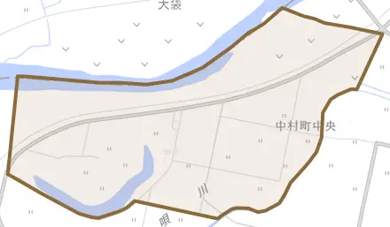 中村町中央とその周辺の地図。町の範囲を重ねている