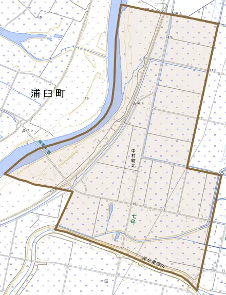 中村町北とその周辺の地図。町の範囲を重ねている