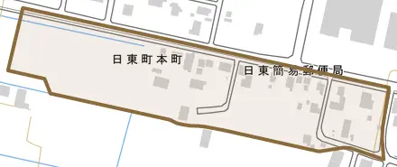 日東町本町とその周辺の地図。町の範囲を重ねている