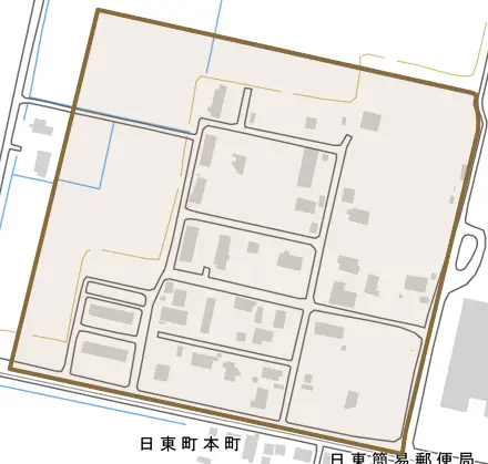 日東町栄町とその周辺の地図。町の範囲を重ねている