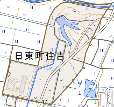 日東町住吉とその周辺の地図。町の範囲を重ねている