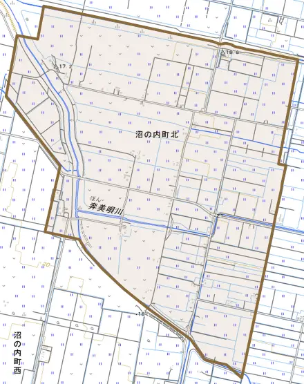 沼の内町北とその周辺の地図。町の範囲を重ねている