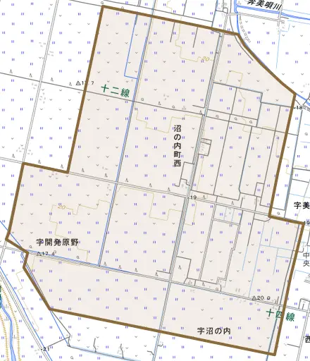 沼の内町西とその周辺の地図。町の範囲を重ねている