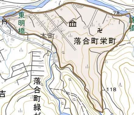 落合町栄町とその周辺の地図。町の範囲を重ねている