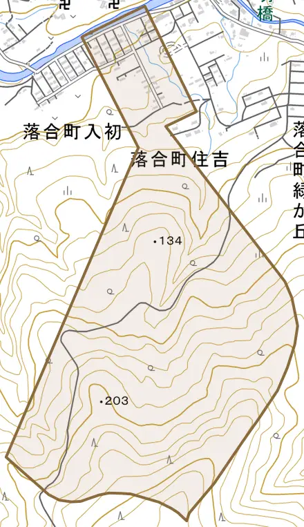 落合町住吉とその周辺の地図。町の範囲を重ねている
