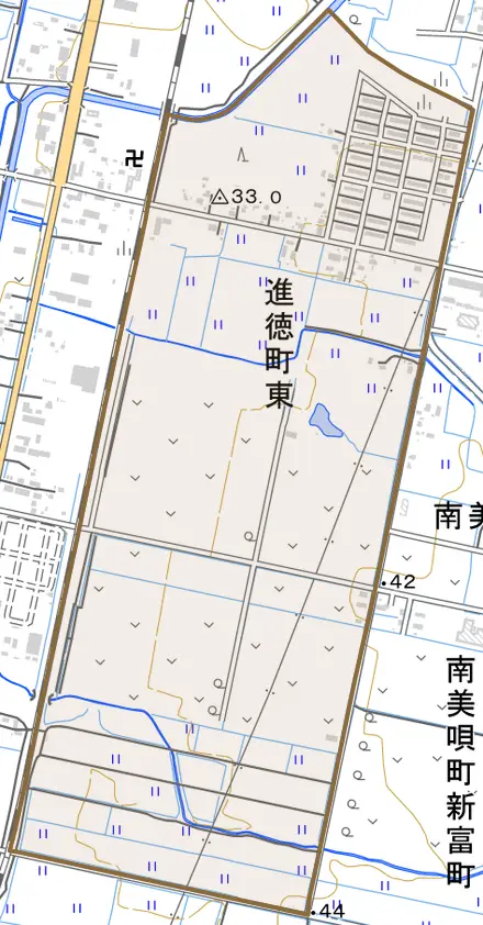 進徳町東とその周辺の地図。町の範囲を重ねている
