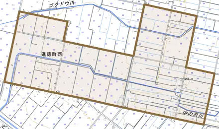 進徳町西とその周辺の地図。町の範囲を重ねている