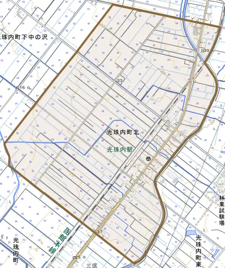 光珠内町北とその周辺の地図。町の範囲を重ねている