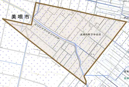 光珠内町下中の沢とその周辺の地図。町の範囲を重ねている
