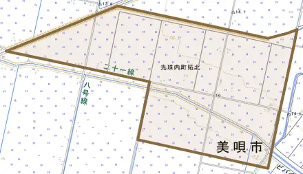 光珠内町拓北とその周辺の地図。町の範囲を重ねている