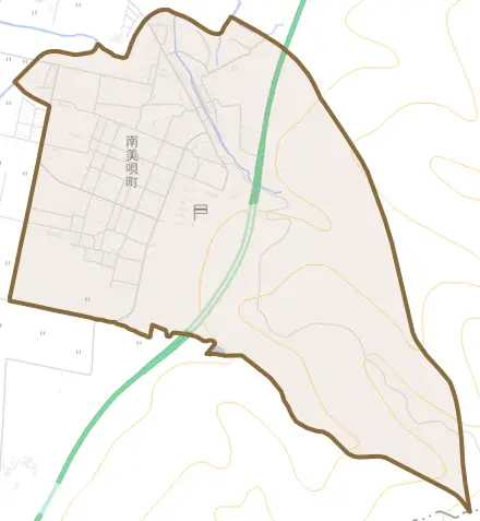 南美唄町とその周辺の地図。町の範囲を重ねている