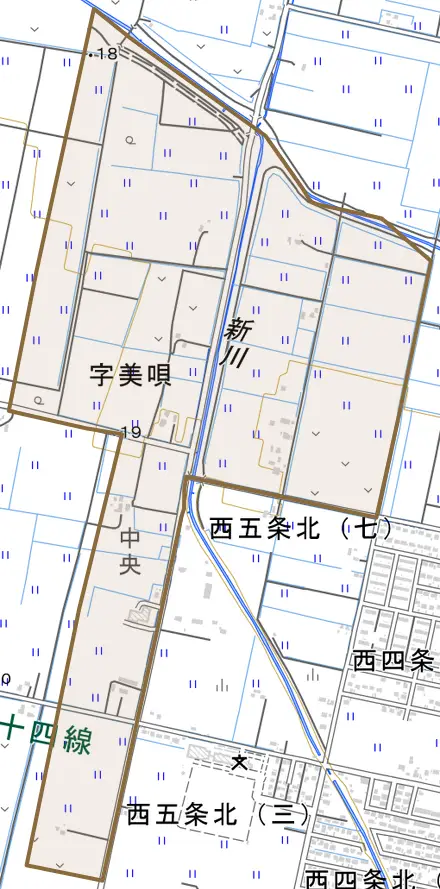 沼の内町中央とその周辺の地図。町の範囲を重ねている