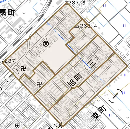 旭町とその周辺の地図。町の範囲を重ねている
