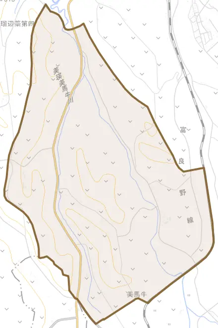 字美馬牛とその周辺の地図。町の範囲を重ねている