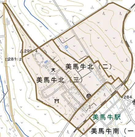 美馬牛北とその周辺の地図。町の範囲を重ねている