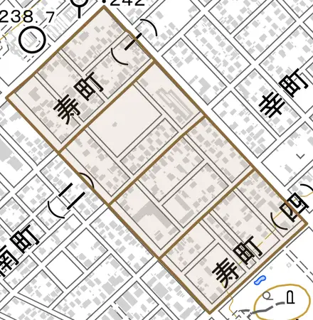 寿町とその周辺の地図。町の範囲を重ねている