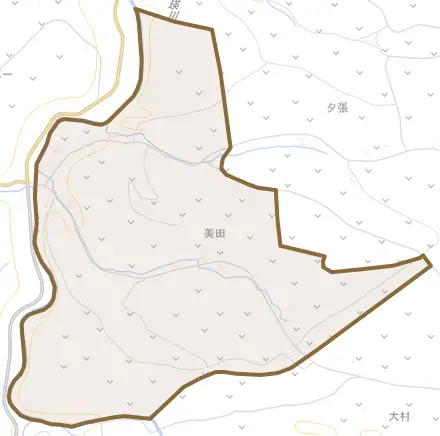 字美田とその周辺の地図。町の範囲を重ねている